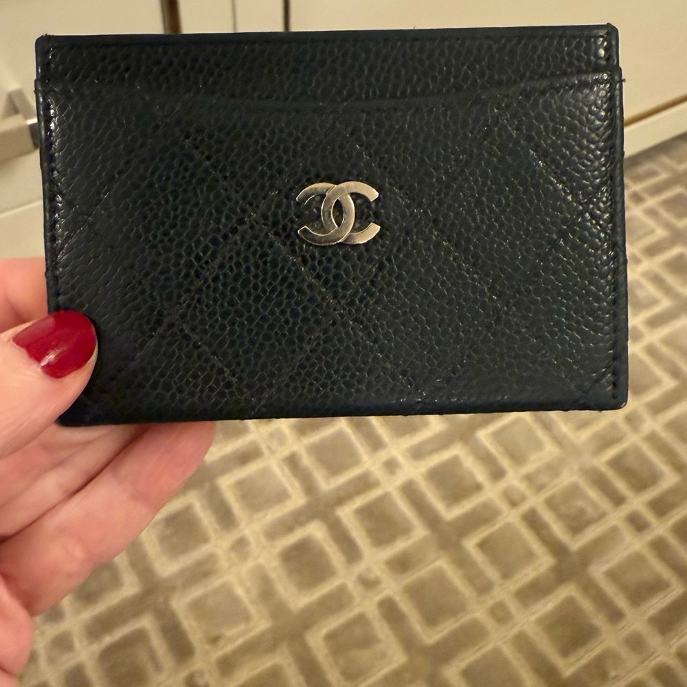 CHANEL Black Quilted Card Holder with Silver Logo